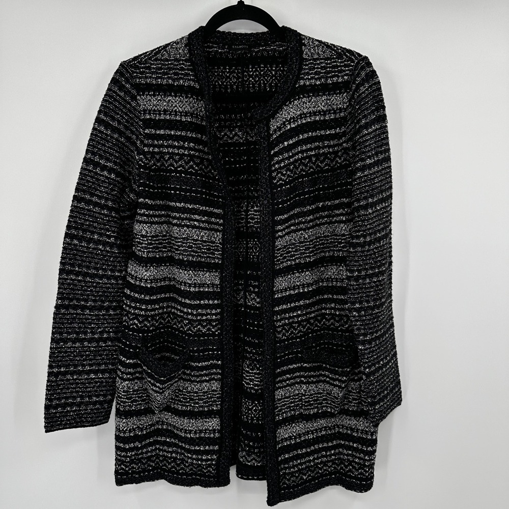 Talbots Black White Striped Knit Open Front Cardigan Sweater Women's‎ M Metallic